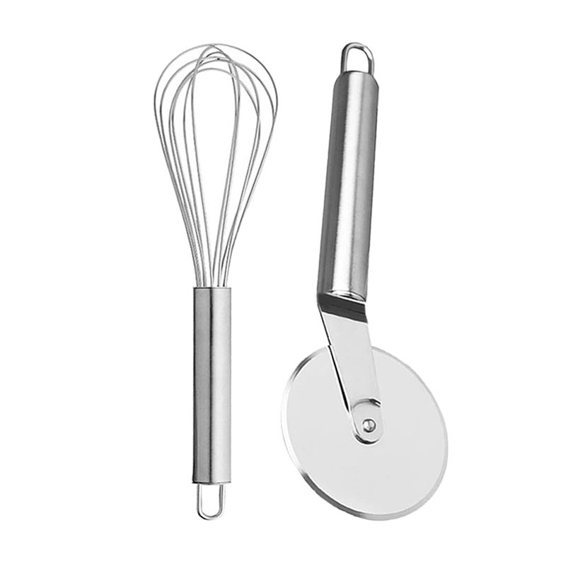 JISUN Stainless Steel Pizza CutterSlicer Egg WhiskEgg Beater for Kitchen Silver Pack of 2  - Image 1
