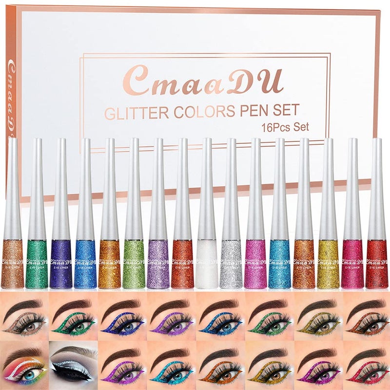 Aseawave 16 Colors Liquid Glitter Eyeliner Set Metallic Shimmer Glitter Eyeshadow Colorful Rainbow Eyeliner Long Lasting Waterproof Face Lips Art for Party Festival Makeup
