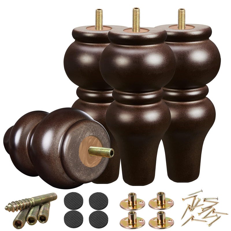 SHANJUE Wood Furniture Legs 8 inch Sofa Legs Pack of 4,Round Couch Legs Espresso Mid Century Chair feet Replacement,Sofa Replacement Parts - Image 1