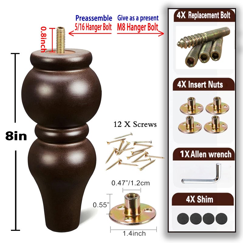 SHANJUE Wood Furniture Legs 8 inch Sofa Legs Pack of 4,Round Couch Legs Espresso Mid Century Chair feet Replacement,Sofa Replacement Parts - Image 5