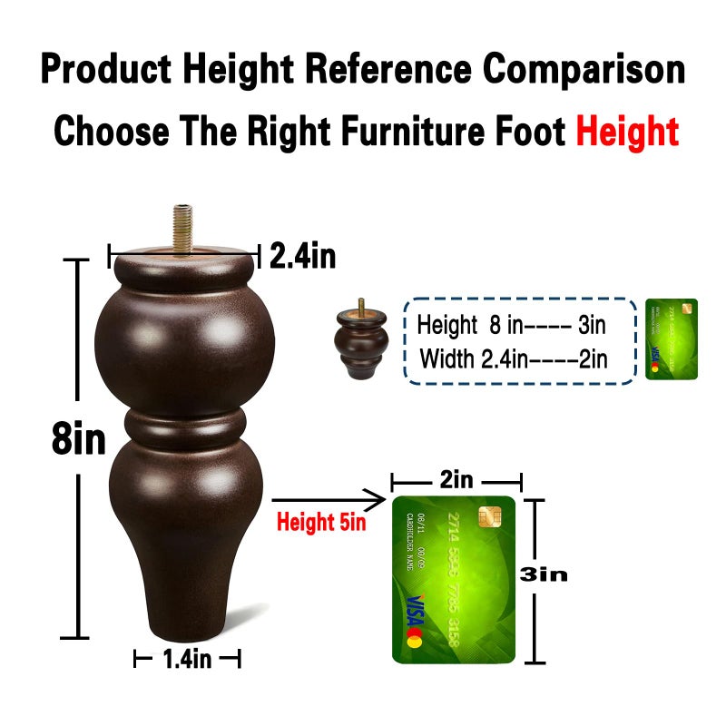 SHANJUE Wood Furniture Legs 8 inch Sofa Legs Pack of 4,Round Couch Legs Espresso Mid Century Chair feet Replacement,Sofa Replacement Parts - Image 2