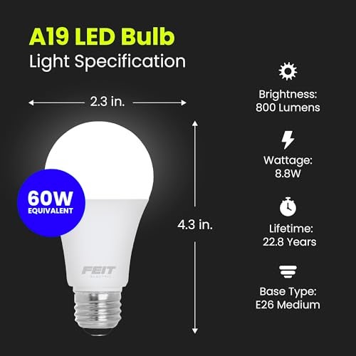 Feit Electric A19 LED Light Bulb 60W Equivalent Dimmable 800 Lumens E26 Medium Base 3000K Bright White CRI 90 25000 Hour Lifetime UL Listed Damp Rated 4 Pack OM60DM930CA4 - Image 3