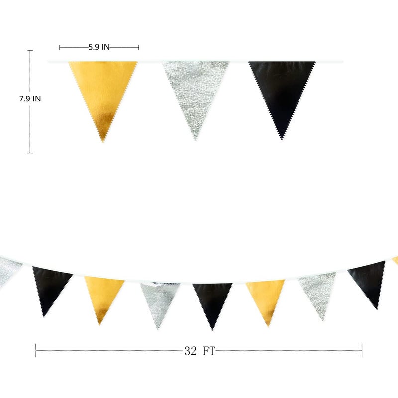 pinkblume Black Gold Silver Party Decoration Triangle Pennant Banner Flag Metallic Fabric Bunting Garland for Birthday Graduation Anniversary Wedding Bridal Shower Bachelorette Engagement Disco Party Supplies - Image 2