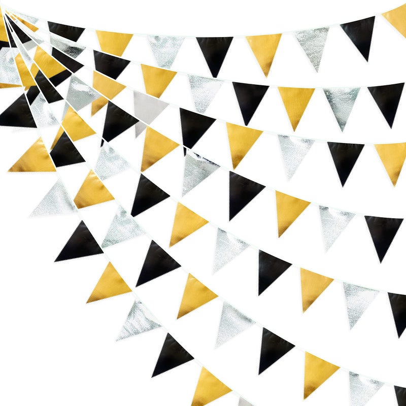 pinkblume Black Gold Silver Party Decoration Triangle Pennant Banner Flag Metallic Fabric Bunting Garland for Birthday Graduation Anniversary Wedding Bridal Shower Bachelorette Engagement Disco Party Supplies - Image 1