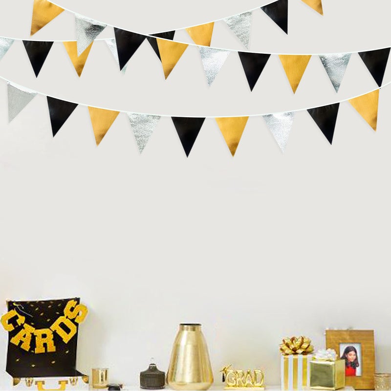 pinkblume Black Gold Silver Party Decoration Triangle Pennant Banner Flag Metallic Fabric Bunting Garland for Birthday Graduation Anniversary Wedding Bridal Shower Bachelorette Engagement Disco Party Supplies - Image 3