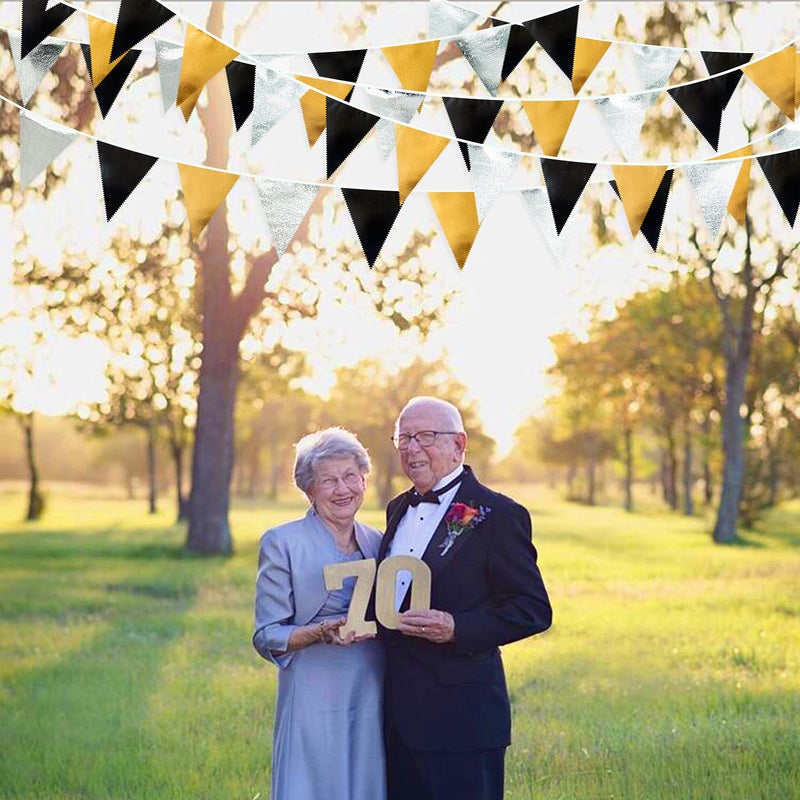 pinkblume Black Gold Silver Party Decoration Triangle Pennant Banner Flag Metallic Fabric Bunting Garland for Birthday Graduation Anniversary Wedding Bridal Shower Bachelorette Engagement Disco Party Supplies - Image 4