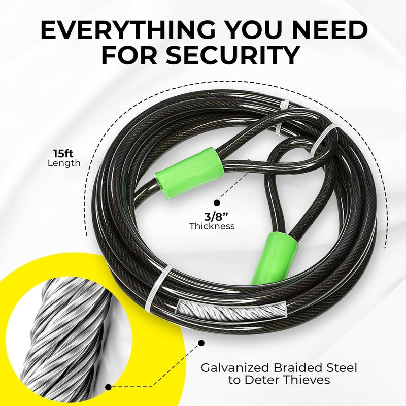 Vascer Heavy Duty Security Cable with Loops - 15 Feet (3/8") Bike Cable Lock Cut Resistant with Braided Steel and Vinyl Coating -Security Chain Lock for Bicycle, Boat, Ladder, Gate, Mower & Equipment - Image 3