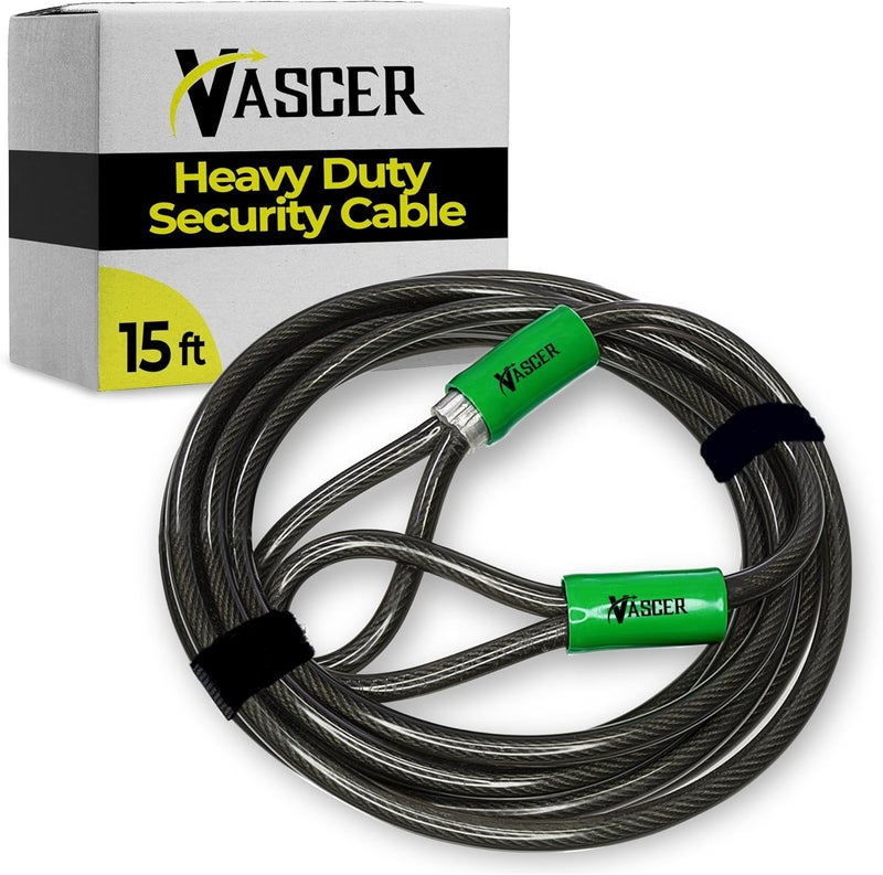Vascer Heavy Duty Security Cable with Loops - 15 Feet (3/8") Bike Cable Lock Cut Resistant with Braided Steel and Vinyl Coating -Security Chain Lock for Bicycle, Boat, Ladder, Gate, Mower & Equipment - Image 1