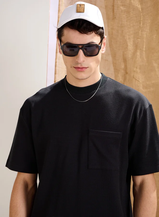 SASSAFRAS Black Waffle Knit Front Pocket Oversized T-Shirt