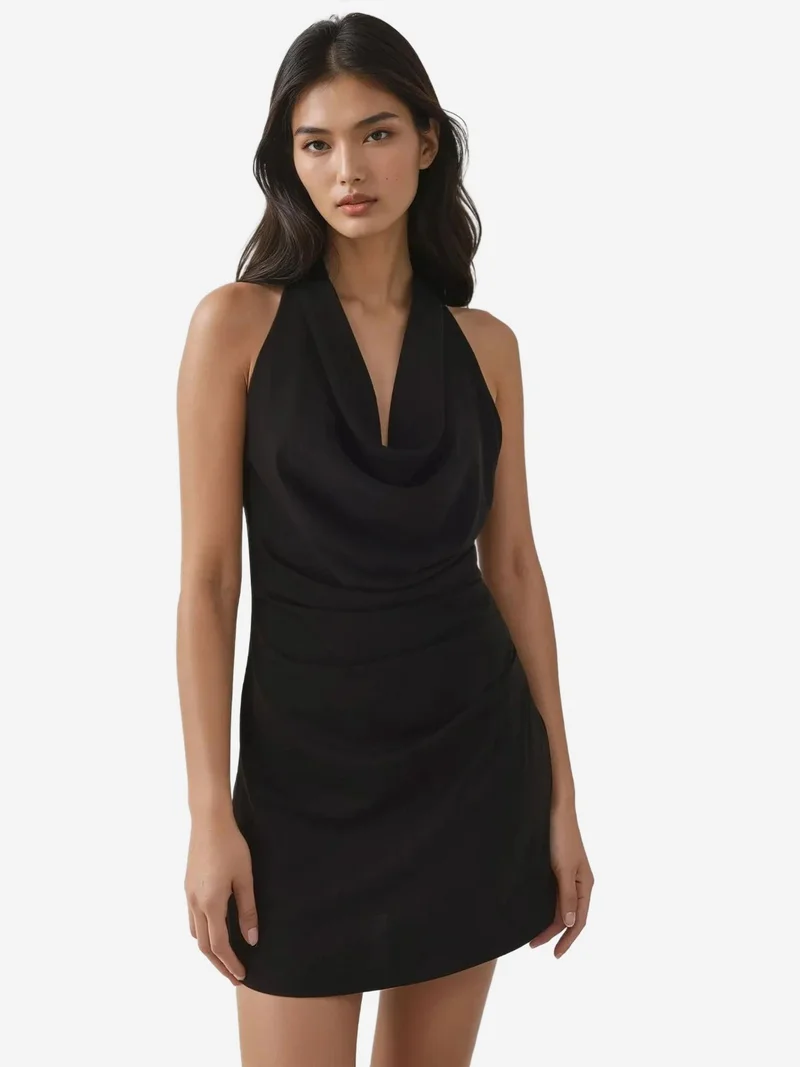 Cowl Neck Draped Detail Mini Dress
