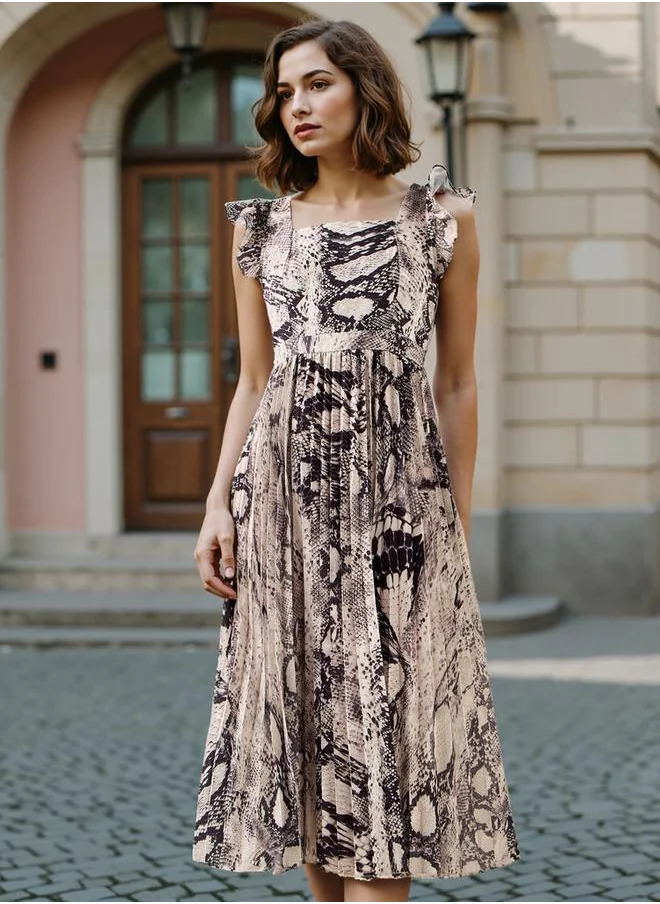 فاف Pleated Midi Dress with Ruffle Sleeves