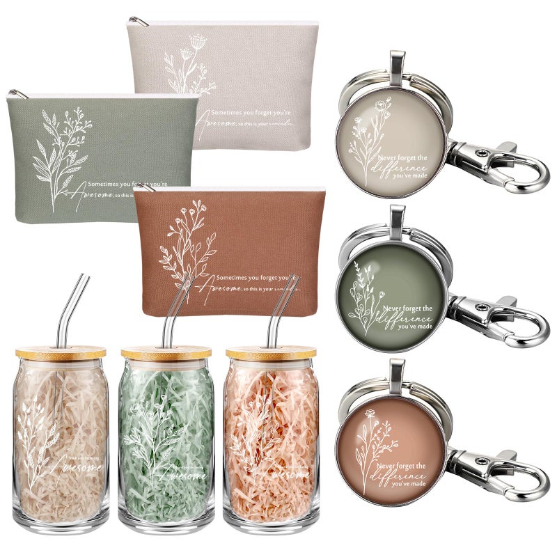 Hoolerry 9 Pcs Thank You Gifts for Women 16oz Glass Cup Motivational Pouch Employee Appreciation Keychain for Graduation Boss Coworkers Nurse Volunteers Team Gifts(Aesthetics) - Image 1