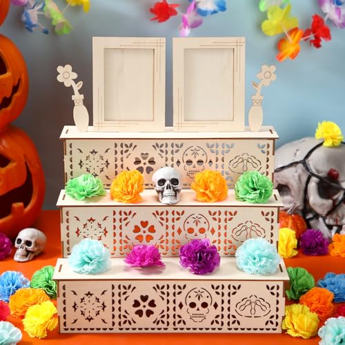 MotiMind Dia De Los Muertos 2 Photo Frame Three Layer Altar Ofrenda Box Poplar Plywood Sugar Skulls and Pan de Muerto Papel Picado Self Painting Shadow Box Frame The Day of The Dead Decor Classic - Image 3