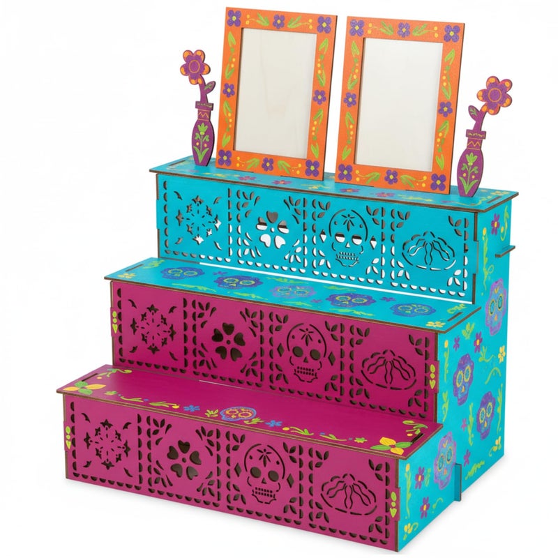 MotiMind Dia De Los Muertos 2 Photo Frame Three Layer Altar Ofrenda Box Poplar Plywood Sugar Skulls and Pan de Muerto Papel Picado Self Painting Shadow Box Frame The Day of The Dead Decor Classic - Image 2