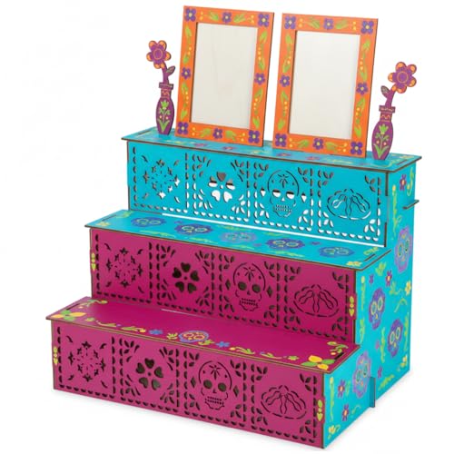 MotiMind Dia De Los Muertos 2 Photo Frame Three Layer Altar Ofrenda Box Poplar Plywood Sugar Skulls and Pan de Muerto Papel Picado Self Painting Shadow Box Frame The Day of The Dead Decor Classic - Image 1