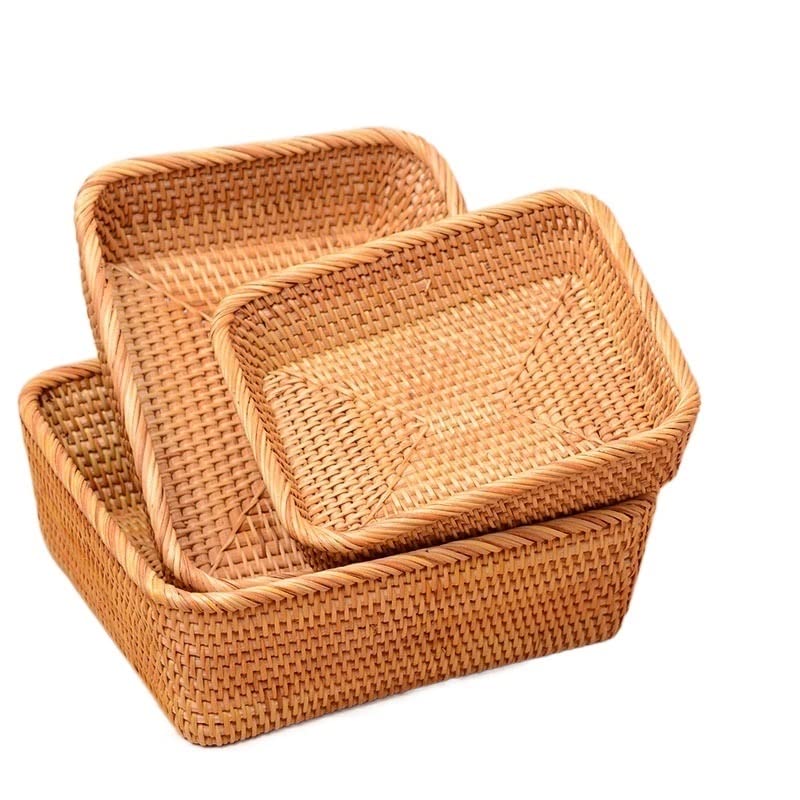 Square 3pcs Set Rattan Woven Fruit Basket Candy Snack Plate - Image 2