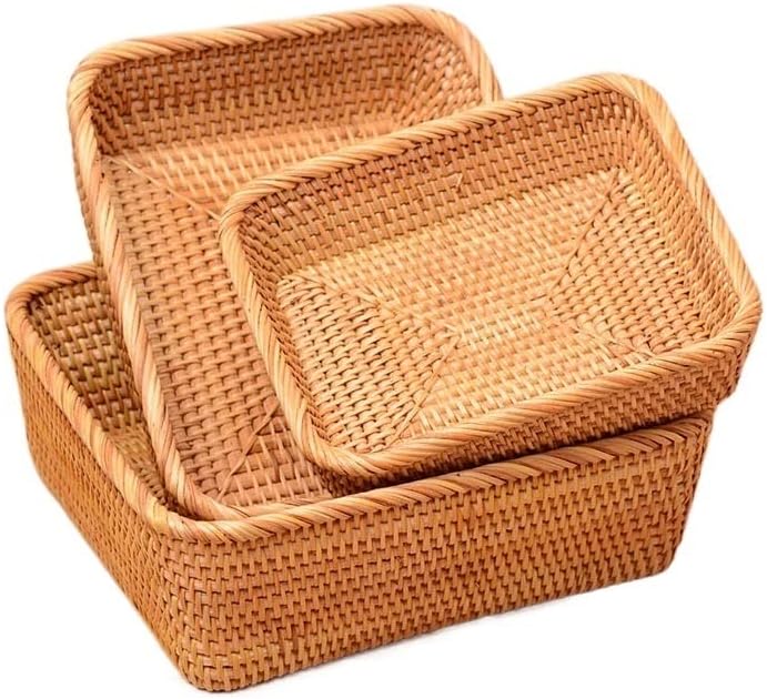 Square 3pcs Set Rattan Woven Fruit Basket Candy Snack Plate - Image 1