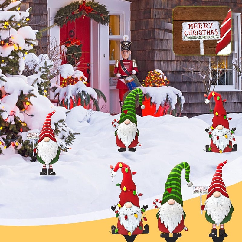 woobles Christmas Metal Gnome Yard Stake, Decorations Outdoor Santa Welcome Sign, Decorative Garden Stakes Outside with Gnomes Winter Art Decor or Lawn Patio (Set of 3) - Image 3