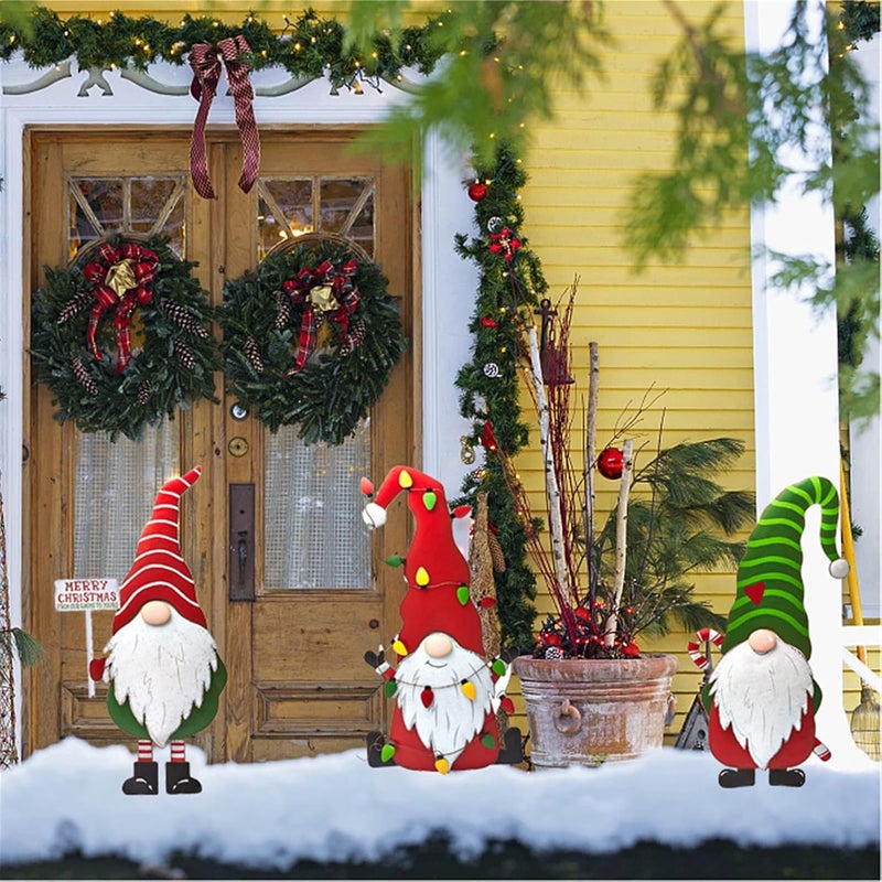 woobles Christmas Metal Gnome Yard Stake, Decorations Outdoor Santa Welcome Sign, Decorative Garden Stakes Outside with Gnomes Winter Art Decor or Lawn Patio (Set of 3) - Image 2