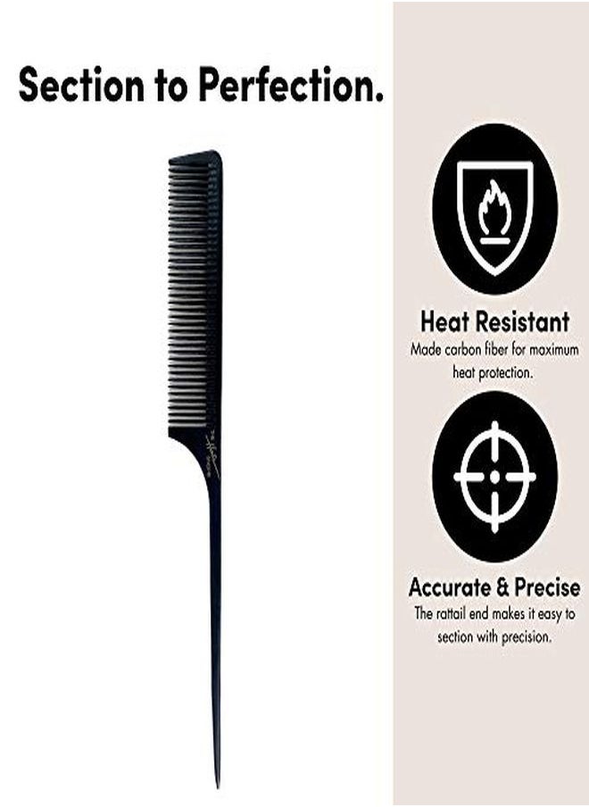 The Hair Shop By The Hair Shop, Premium Ergonomic Black Pin Rat Tail Carbon Fiber Heat Resistant Teasing Combs With Pintail (Black) 3 Pack W/ Free Shark Clip  - Image 2