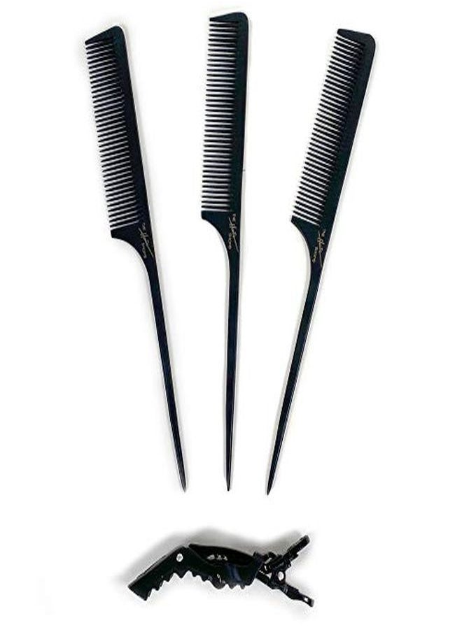 The Hair Shop By The Hair Shop, Premium Ergonomic Black Pin Rat Tail Carbon Fiber Heat Resistant Teasing Combs With Pintail (Black) 3 Pack W/ Free Shark Clip  - Image 1