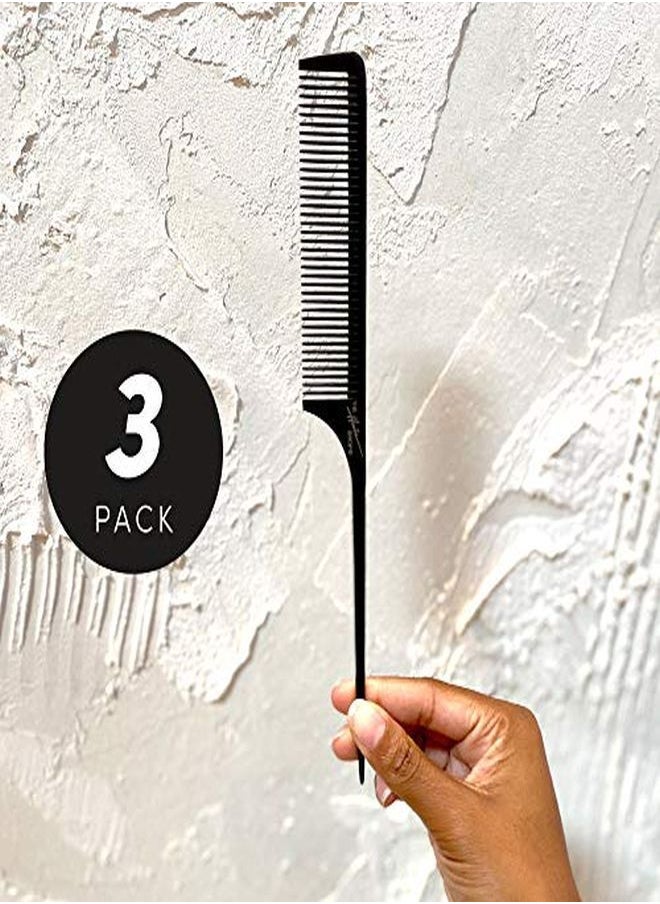 The Hair Shop By The Hair Shop, Premium Ergonomic Black Pin Rat Tail Carbon Fiber Heat Resistant Teasing Combs With Pintail (Black) 3 Pack W/ Free Shark Clip  - Image 5
