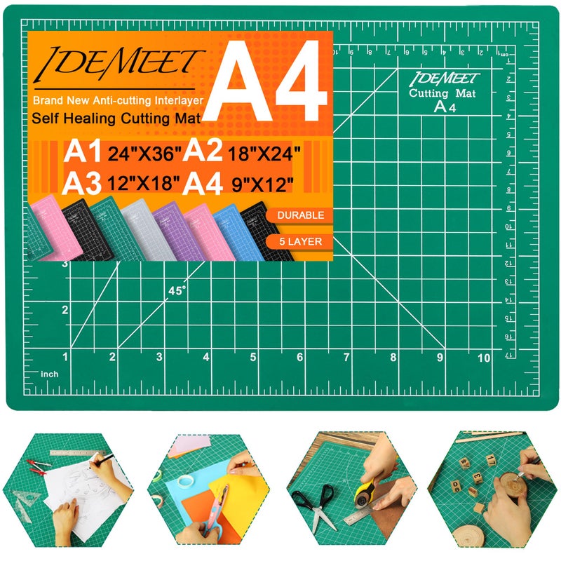 Idemeet Density-upgraded 9"x12" Self Healing Cutting Mat, Idemeet Rotary Sewing Mat for Crafts, 5-Ply Blade Table Protector Cut Board for Fabric Leather Cutting Quilting Modeling Hobby Project, A4, Green - Image 1