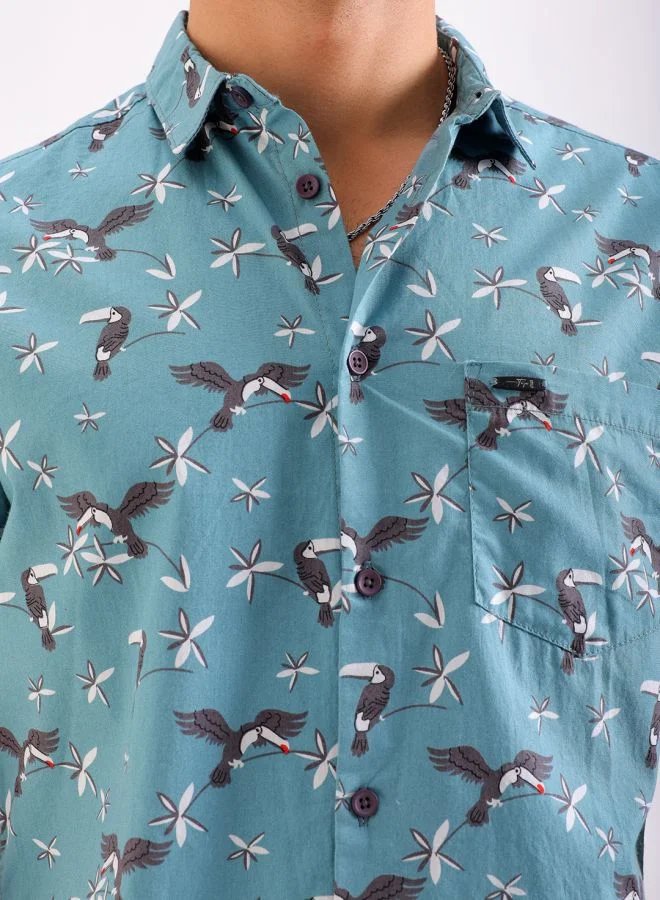 The Indian Garage Co Men Slim Fit Tropical Half Sleeves Spread Collar Resort Wear Shirt