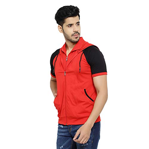 Black Collection Men Cotton Blend Regular Fit Color Block Hooded Neck Red, Half Sleeve T Shirt (SKU: BCN012H_RedBlack_XL) - Image 3