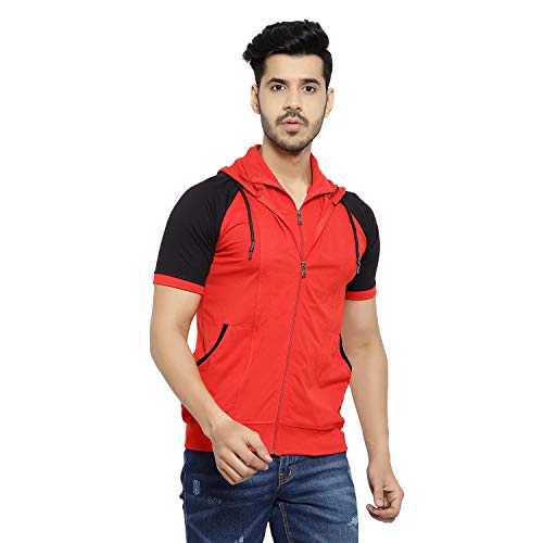 Black Collection Men Cotton Blend Regular Fit Color Block Hooded Neck Red, Half Sleeve T Shirt (SKU: BCN012H_RedBlack_XL) - Image 1
