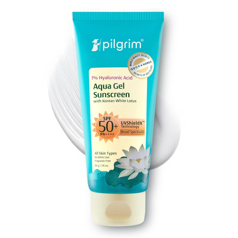 Pilgrim 1 Hyaluronic Acid Sunscreen Gel SPF 50 PA Broad Spectrum UVAUVB Blue Light Protection Lightweight NonGreasy FastAbsorbing Hydrating Aqua Gel Face Body 176 Oz 50gm