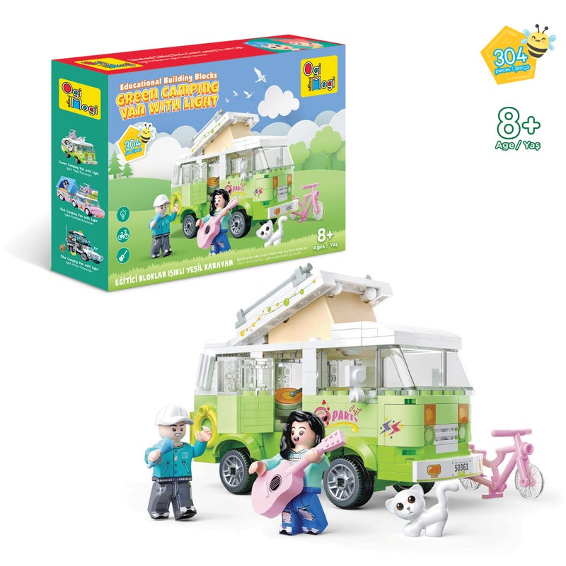 Ogi Mogi Toys Green Camping Van with Light Toys, Building Blocks, 304 Pieces Pretend Role Play Activity for Kids 8+ years, Creativity Development, Gift for Boys and Girls - Image 1