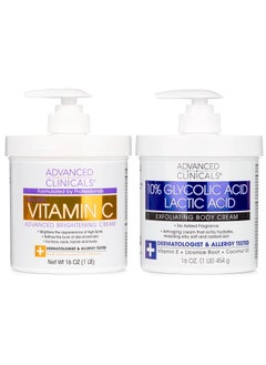 Advanced Clinicals Advanced Clinicals Brightening Vitamin C Cream + 10% Glycolic Acid & Lactic Acid Exfoliating Body Lotion 2PC Skin Care Bundle | Brightening Body Moisturizer | KP Bump Eraser | Keratosis Pilaris, 2PC 