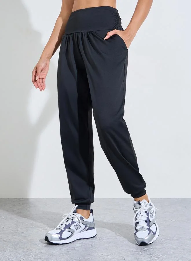 Black Solid Ruched Details Cuffed Hem Joggers