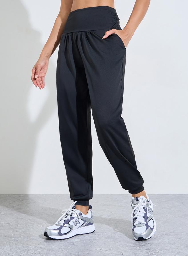 Styli Active Black Solid Ruched Details Cuffed Hem Joggers - Image 1