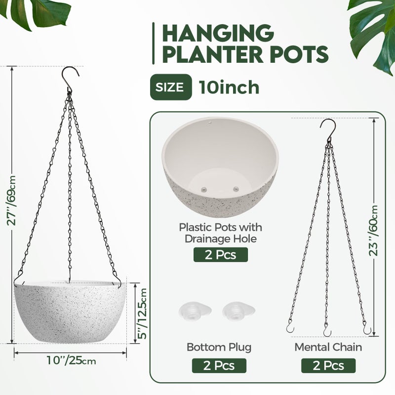T4U 10 Inch Hanging Planters for Indoor Outdoor Plants - 2 Pack Plastic Hanging Flower Plant Pot with Drainage Hole, Round Hanging Plant Basket for Home Garden Porch Balcony Patio Decor (White) - Image 2