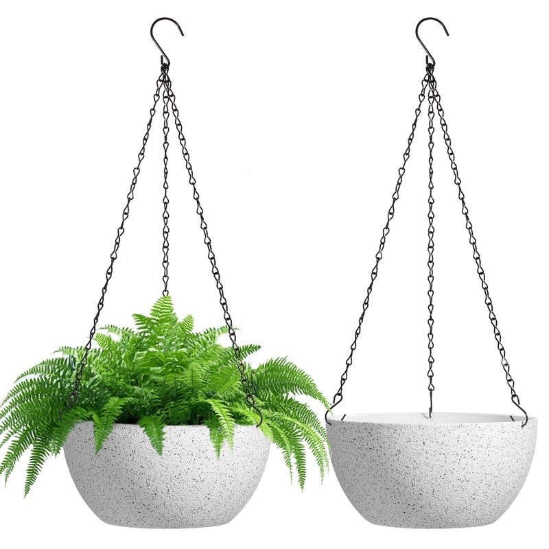 T4U 10 Inch Hanging Planters for Indoor Outdoor Plants - 2 Pack Plastic Hanging Flower Plant Pot with Drainage Hole, Round Hanging Plant Basket for Home Garden Porch Balcony Patio Decor (White) - Image 1