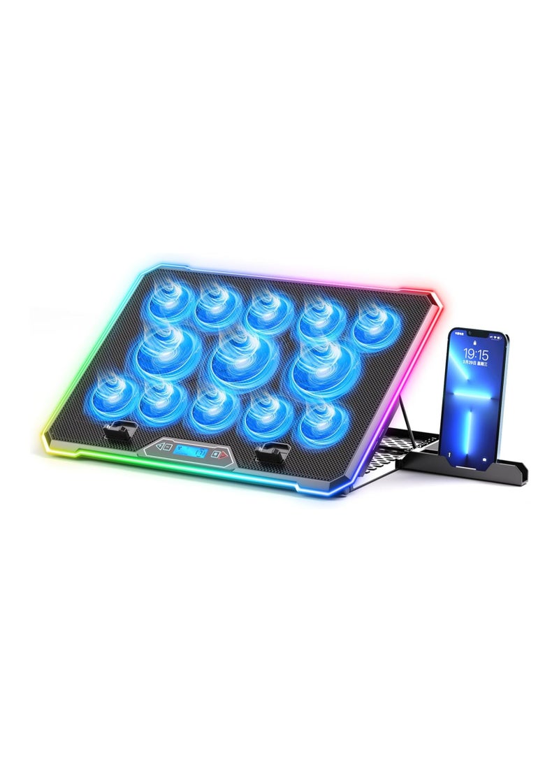 وسادة تبريد لابتوب RGB، مبرد لابتوب للألعاب، قاعدة تبريد مروحة لابتوب مع 13 مروحة تبريد هادئة لأجهزة اللابتوب بحجم 15.6-17.3 بوصة، 9 ارتفاعات، أضواء LED وشاشة LCD، 2 منفذ USB، استخدام على السطح - Image 1