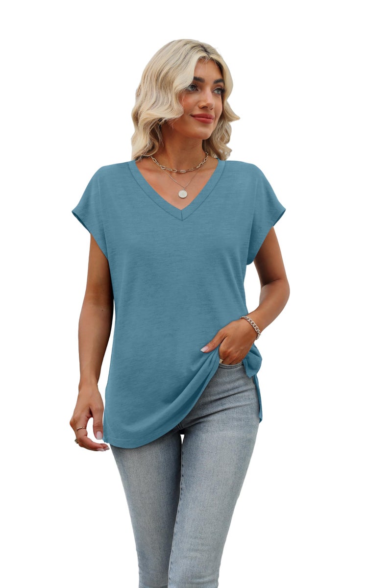 SAMPEEL Womens Cap Sleeve 2026 Summer Tops Trendy V Neck Loose Fit Shirts Blue Green L - Image 2