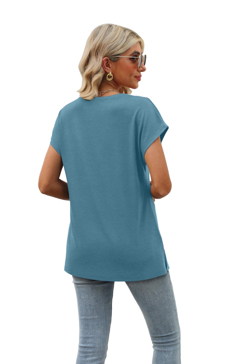 SAMPEEL Womens Cap Sleeve 2026 Summer Tops Trendy V Neck Loose Fit Shirts Blue Green L - Image 4