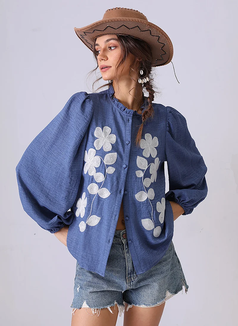 يونيكي Blue Band Collar Puff Sleeves Regular Fit Shirt