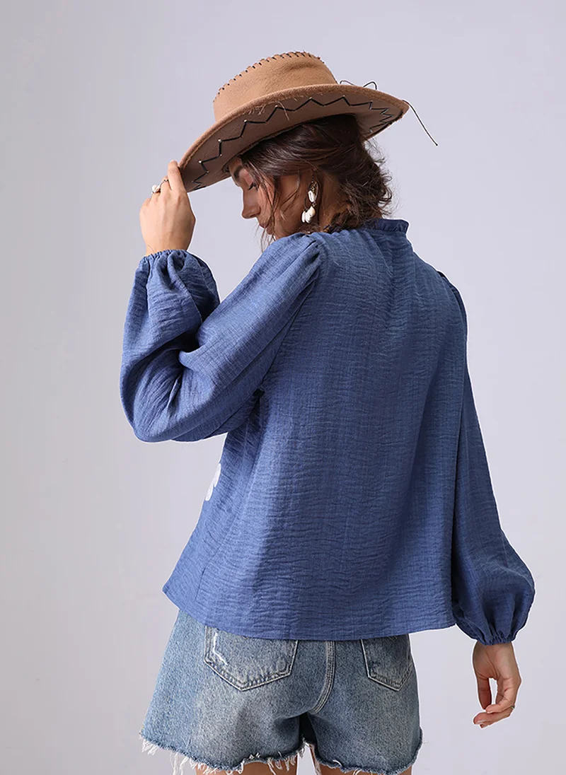 يونيكي Blue Band Collar Puff Sleeves Regular Fit Shirt