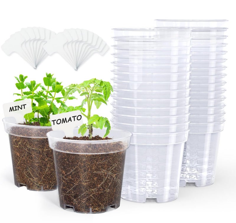 homenote Clear Nursery Pots for Plants,4 Inch Plant Pot for Planting Plastic Seedling with Drainage Holes Seed Starter Flower High Transparency with 20 Labels (30 Pack) - Image 1