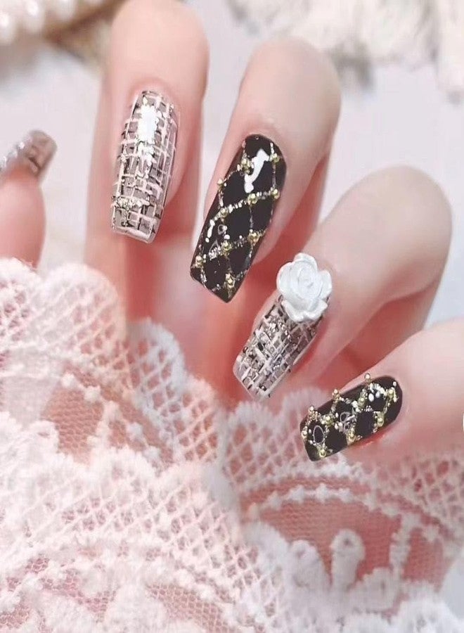 Sun&Beam Nails Handmade Long Medium Square Black False Nail Tips with Cute 3D White Flower Popular Charm Design Press On Nails 10 Pcs (#68 M) - Image 3