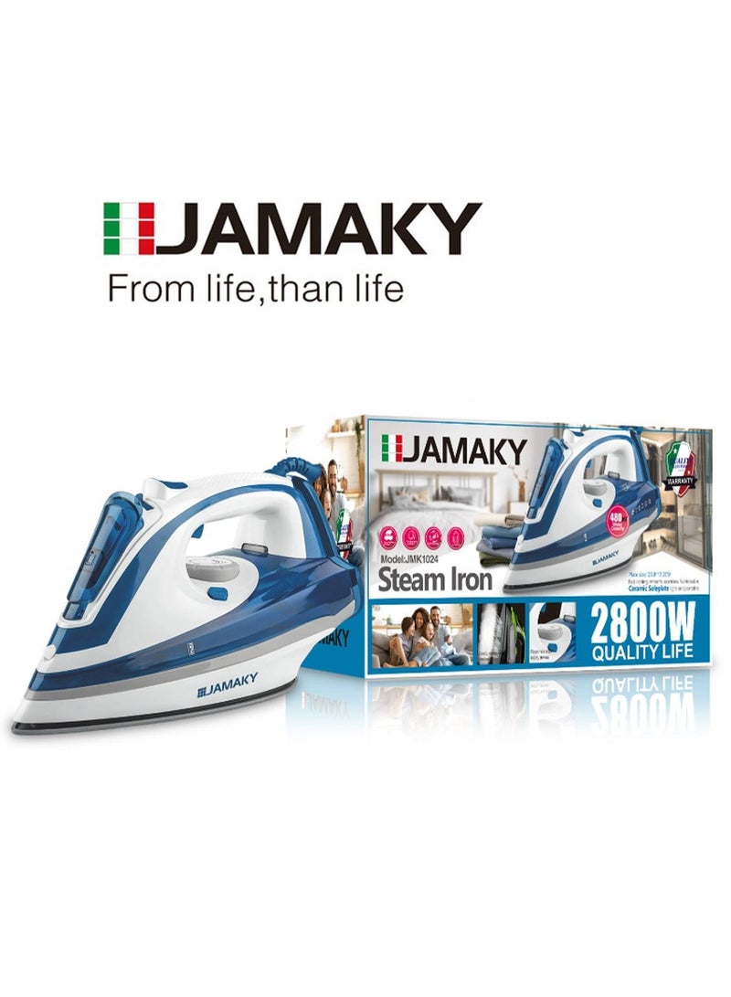 Professional Steam Iron  JMK1024 with Italian technology 2800W 480ml Portable Steam Iron Powerful and High Quality Handheld with Ceramic Plate The steam iron is designed to give you the best results.