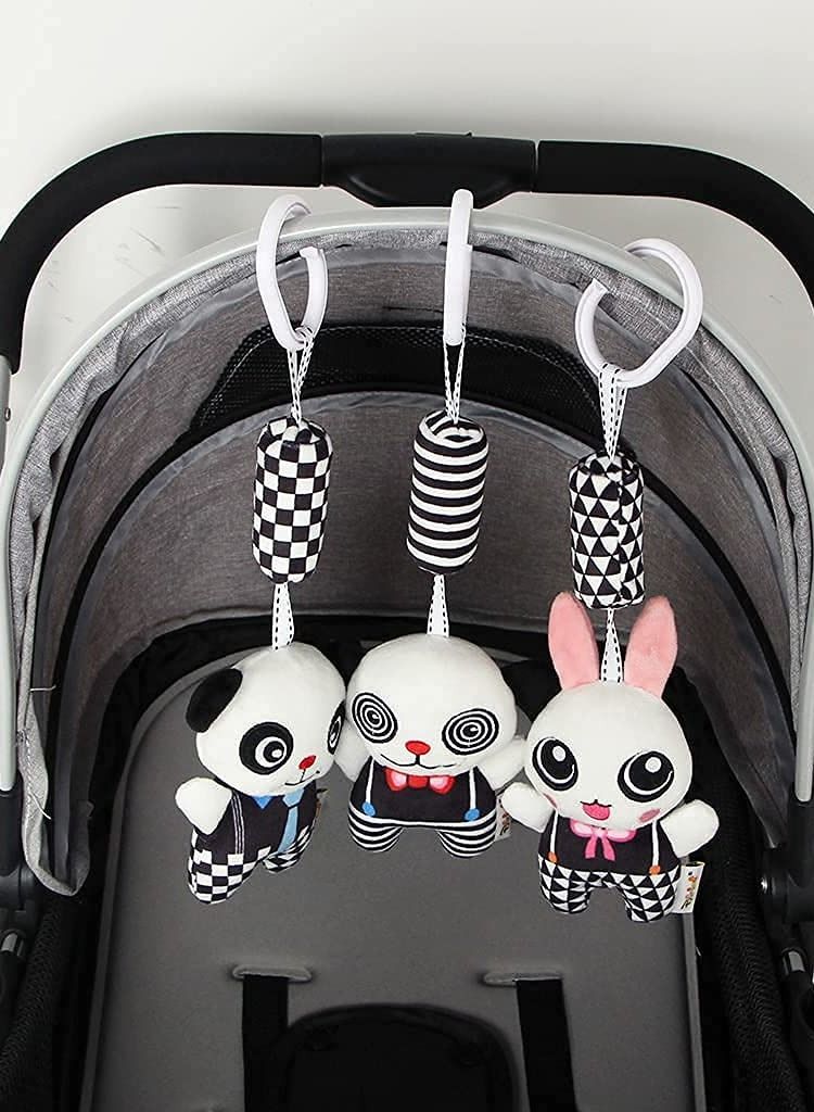 KASTWAVE 3 Pack Hanging Rattle Toys ,High Contrast Baby Toys and Plush Stroller Toys for Babies 0-36 Months,Newborn Car Seat Toys with Black and White Cartoon Shapes,(Panda,Dog & Rabbit) - Image 3