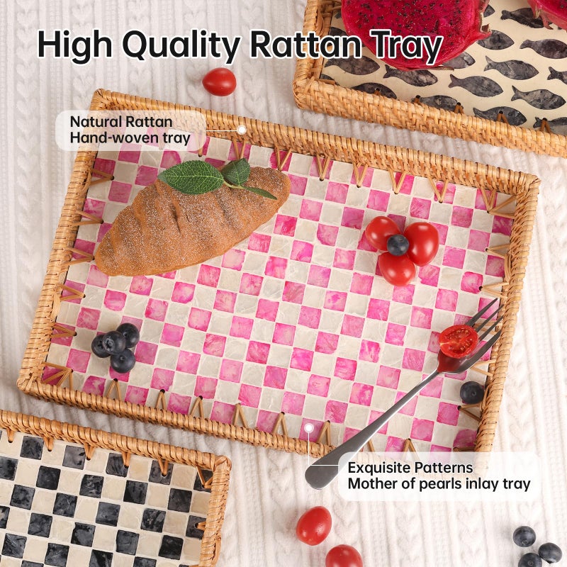 Tynulox Rectangle Rattan Tray with Mother of Pearl Inlay, Rattan Serving Tray with Handle for Coffee, Bread, Fruits, Decorative Wicker Tray for Table Decor (Rectangle Pink Checkerboard, 13"Ã—9") - Image 3