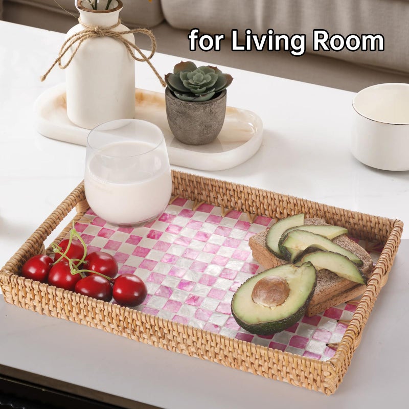 Tynulox Rectangle Rattan Tray with Mother of Pearl Inlay, Rattan Serving Tray with Handle for Coffee, Bread, Fruits, Decorative Wicker Tray for Table Decor (Rectangle Pink Checkerboard, 13"Ã—9") - Image 5