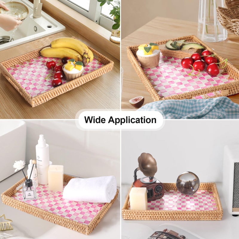 Tynulox Rectangle Rattan Tray with Mother of Pearl Inlay, Rattan Serving Tray with Handle for Coffee, Bread, Fruits, Decorative Wicker Tray for Table Decor (Rectangle Pink Checkerboard, 13"Ã—9") - Image 2