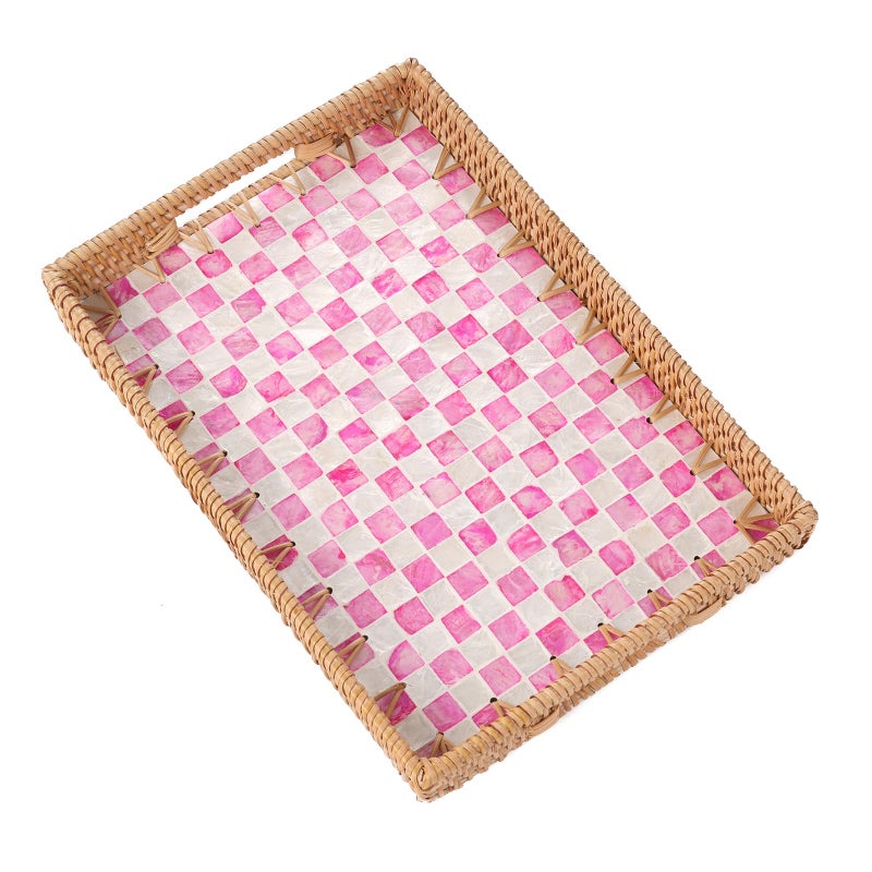 Tynulox Rectangle Rattan Tray with Mother of Pearl Inlay, Rattan Serving Tray with Handle for Coffee, Bread, Fruits, Decorative Wicker Tray for Table Decor (Rectangle Pink Checkerboard, 13"Ã—9") - Image 1